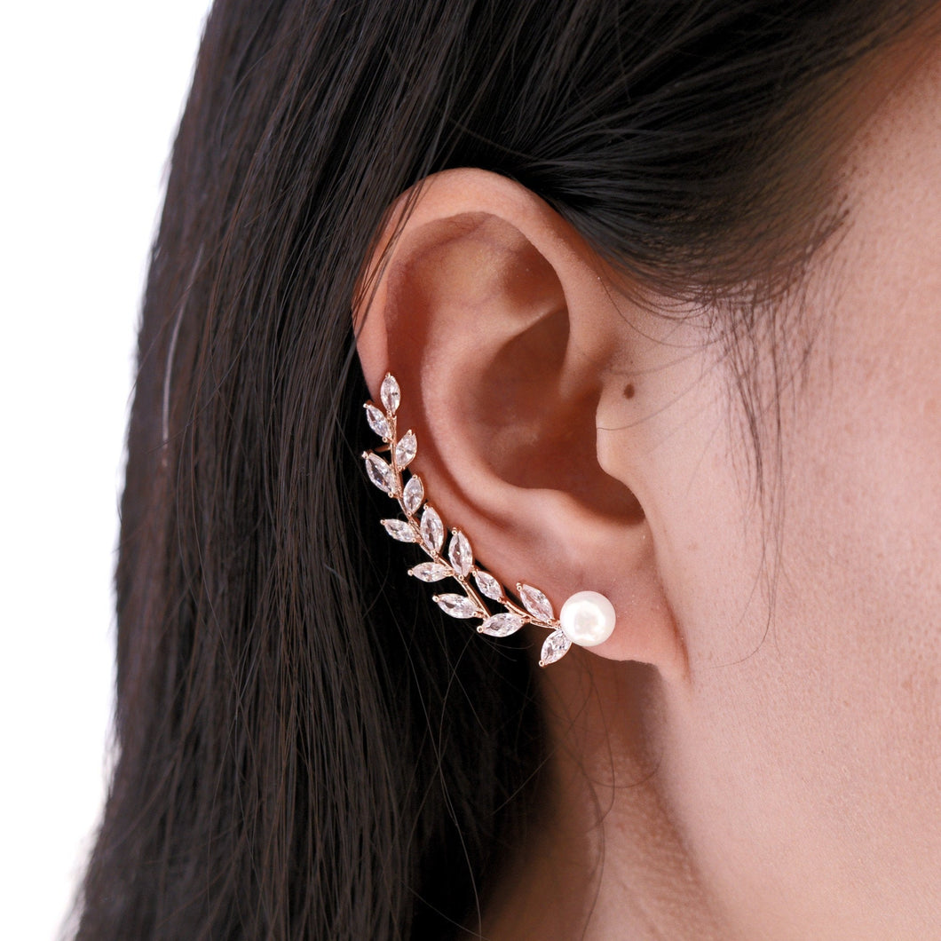 Bridal Pearl ear climber | Silver or Rose Gold Plating E052