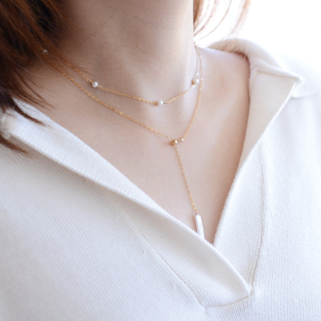 Uta lariat necklace｜Freshwater pearl, gold filled chain HN019